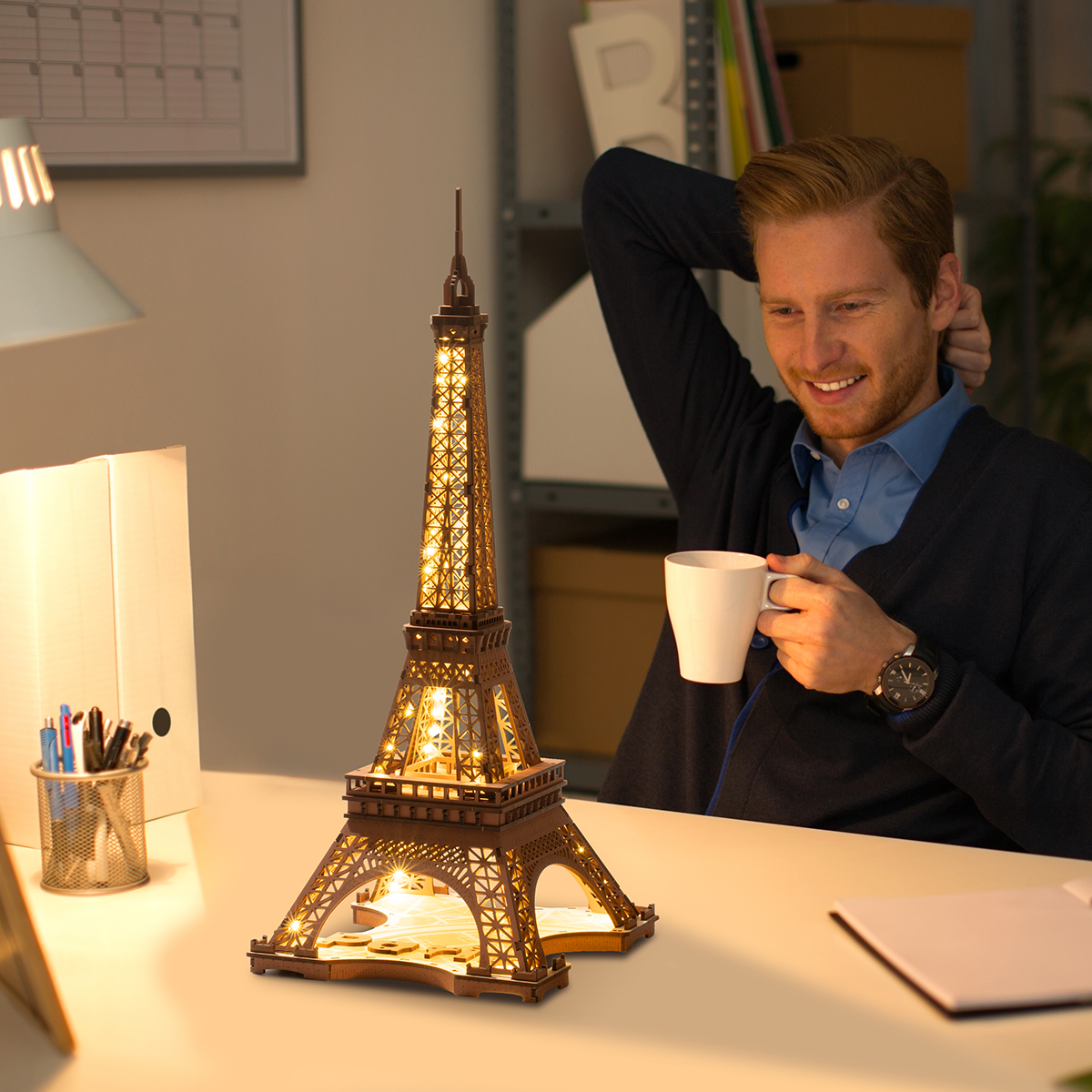 Rolife 3D Wooden Puzzle - Night of the Eiffel Tower TGL01 tabletop display scene with the Eiffel Tower model