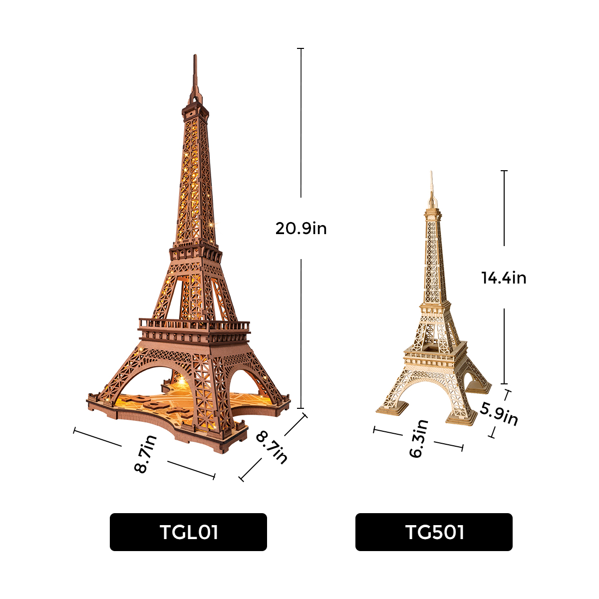 Rolife 3D Wooden Puzzle - Night of the Eiffel Tower TGL01 size graphic with TGL01 and TGS01 dimensions shown