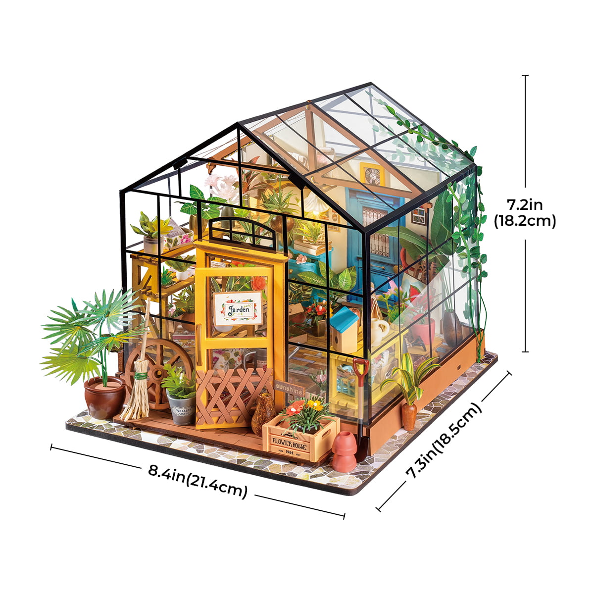 Rolife DIY Miniature House - Cathy's Flower House DG104 size graphic with 8.6 x 7.2 x 9.4 in dimensions shown