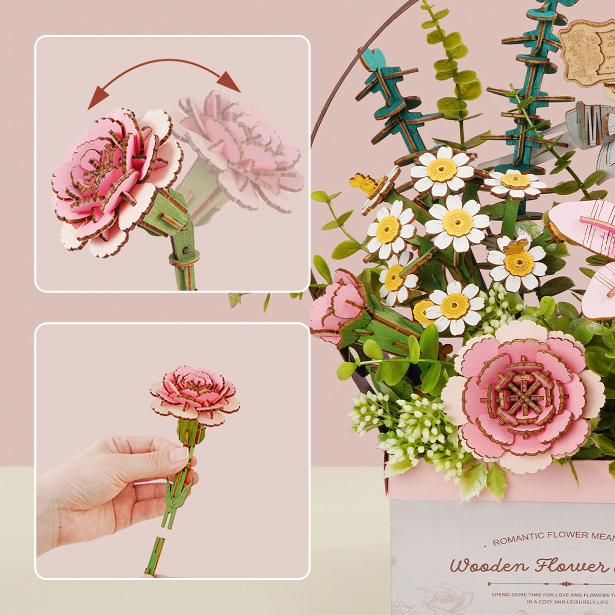 Rowood DIY 3D Puzzle - Wooden Flower Basket TW03H detail view