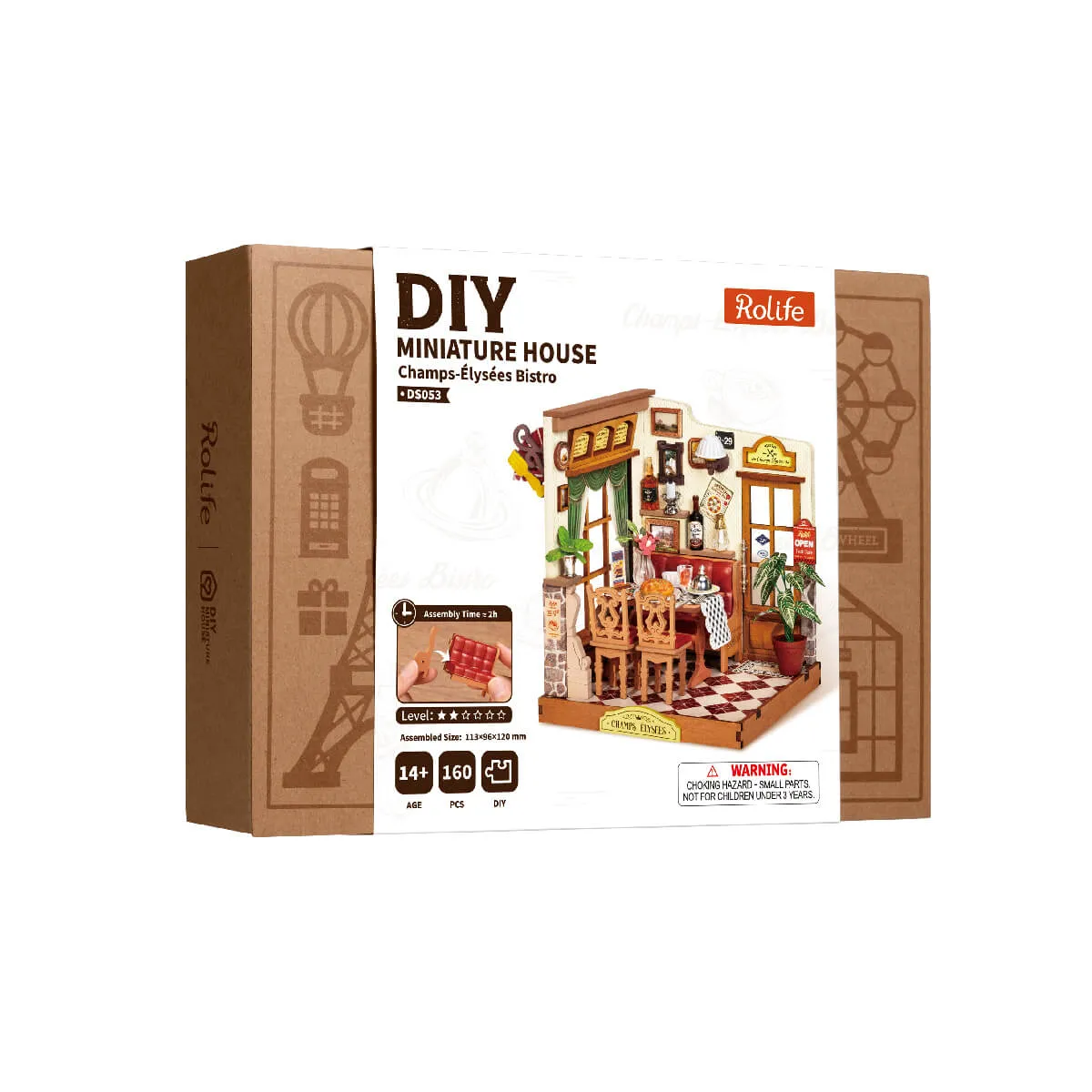 Rolife Champs-Elysees Bistro DS053 package beside completed miniature restaurant model
