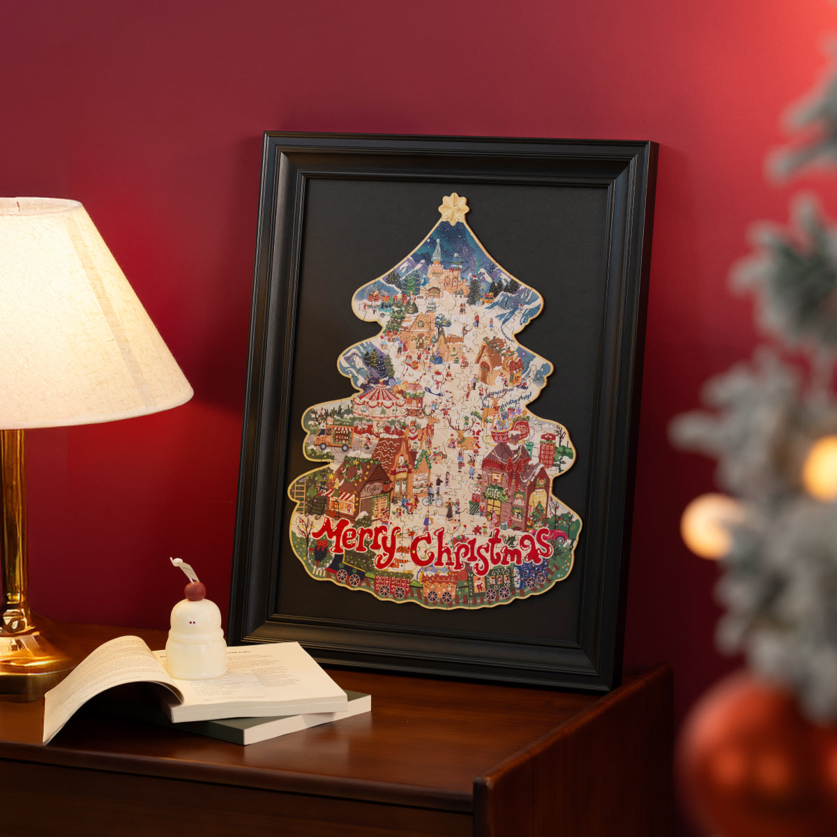 Rowood Christmas Town TA007 framed wooden jigsaw puzzle displayed on a tabletop