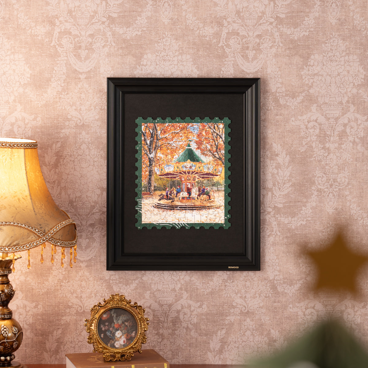 Rowood Golden Autumn Carousel TA008 framed wooden jigsaw puzzle displayed on a wall