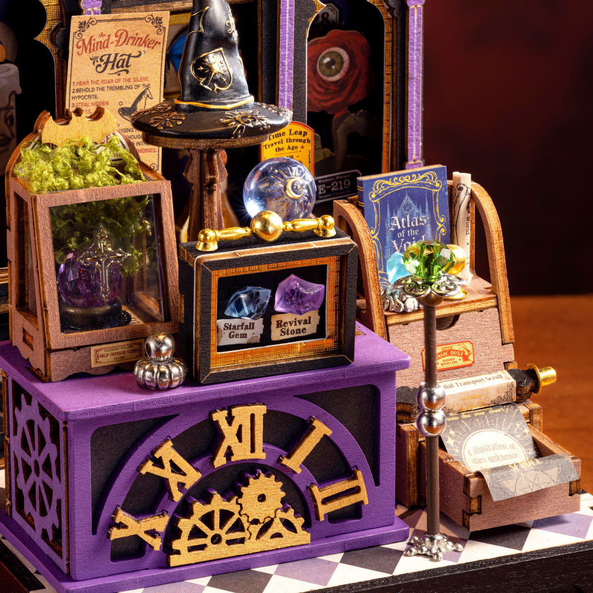 Rolife Magic House series miniature display featuring Curio Corner with Rosa Salon and Astral Dome on a warm wooden shelf