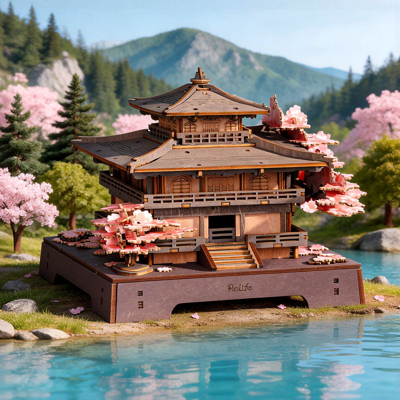 Rolife Sakura Pavilion wooden puzzle in a mountain and lakeside spring scene