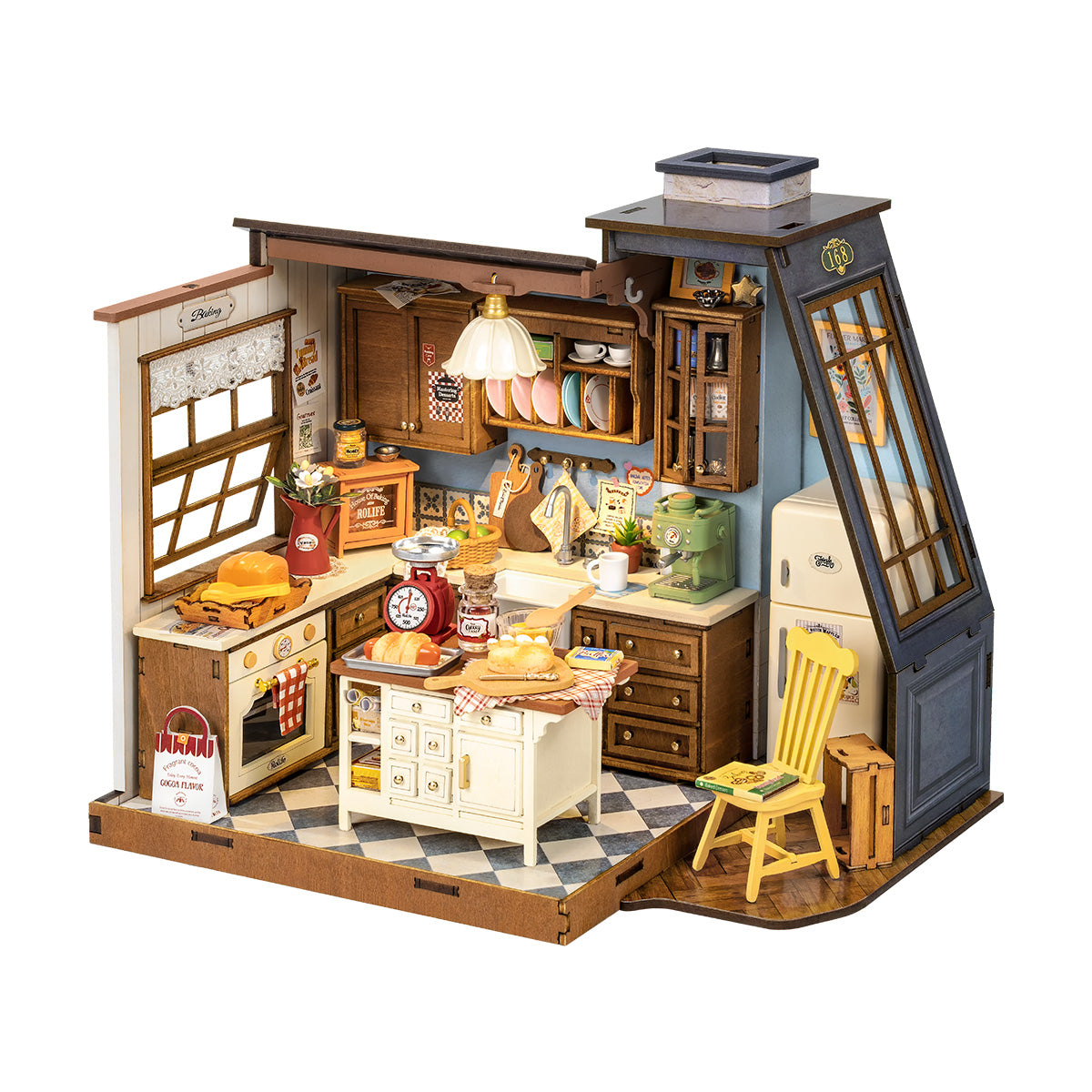 Baking Kitchen DG172 white background product view with baking island and sloped roof