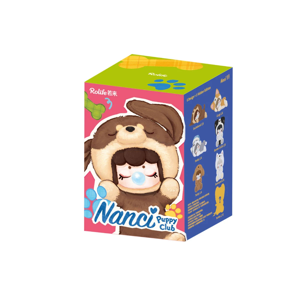 Single Rolife Nanci Puppy Club blind-box package with a green top, pink front and blue side panel, featuring Dachshund artwork and illustrations of the collectible dog characters.