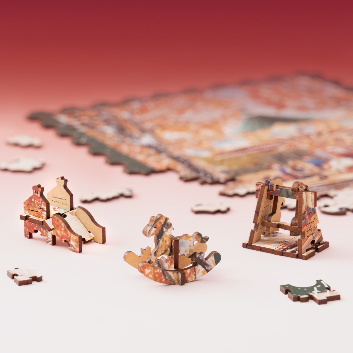 Golden Autumn Carousel TA008 close-up of the puzzle pieces and framed artwork