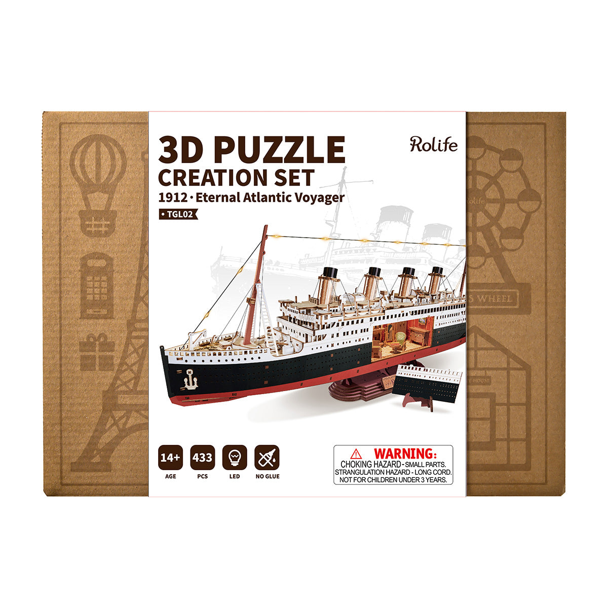 Rolife 1912 Eternal Atlantic Voyager TGL02 product package with completed ship model