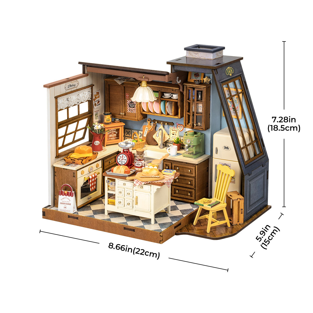 Baking Kitchen DG172 size graphic, 8.66x5.9x7.28in, 22x15x18.5cm finished model