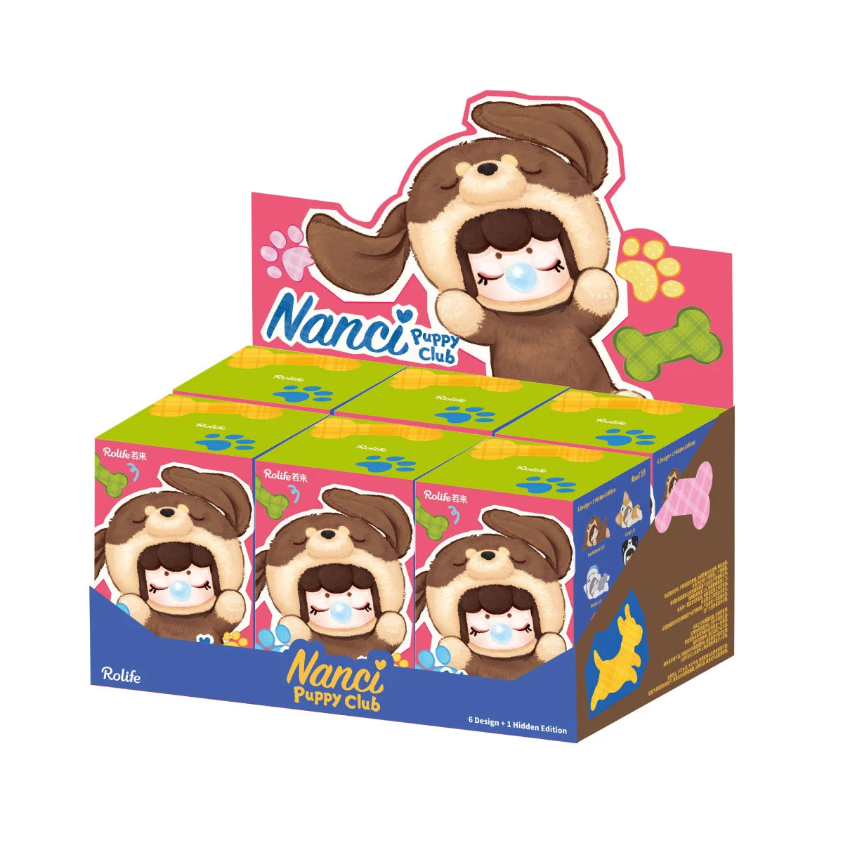 Colorful Rolife Nanci Puppy Club display carton holding six blind boxes, with a Dachshund character cutout, paw-print graphics and labeling for six designs plus one hidden edition.