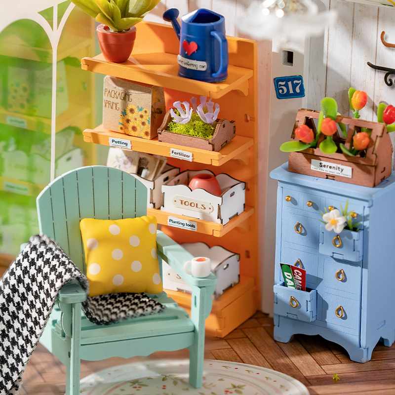 Rolife Miniature House - Dreamy Garden House DG163 chair and cabinet detail close-up