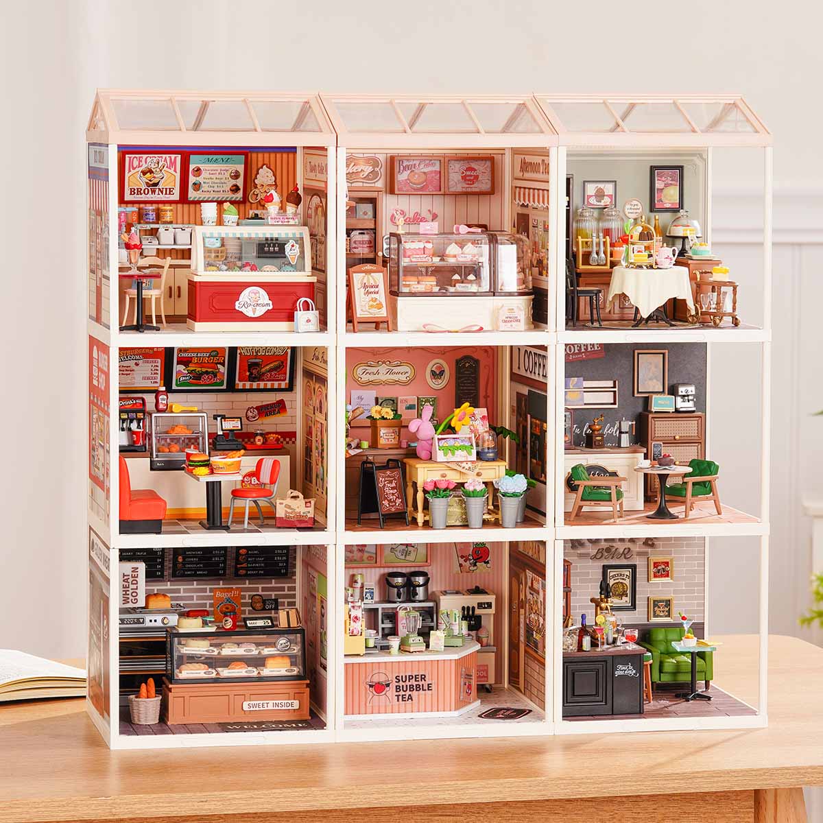 Rolife Super Creator 9 in 1 combination display highlighting different room sets