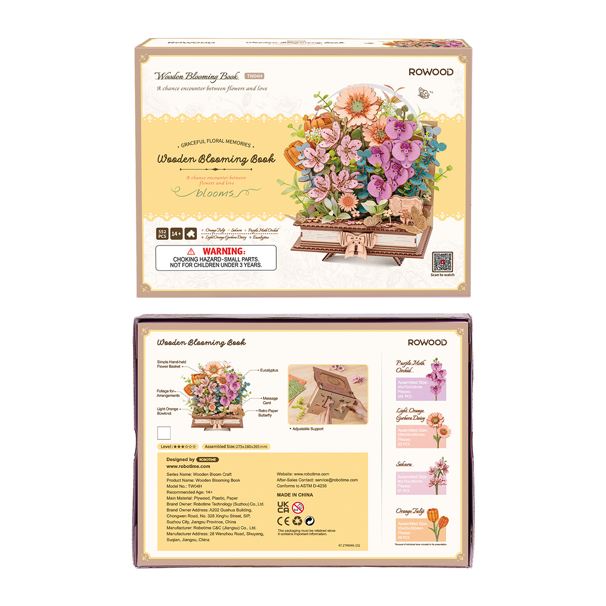 Rowood Wooden Blooming Book TW04H product package with completed floral puzzle