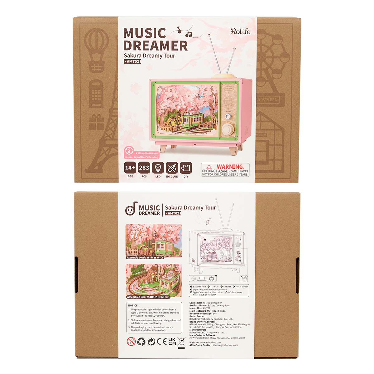 Rolife Sakura Dreamy Tour AMT02 product package with completed music box