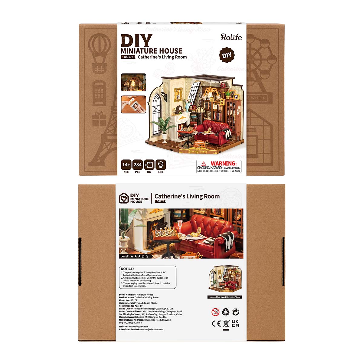Rolife Catherine's Living Room DG175 product package with completed miniature house