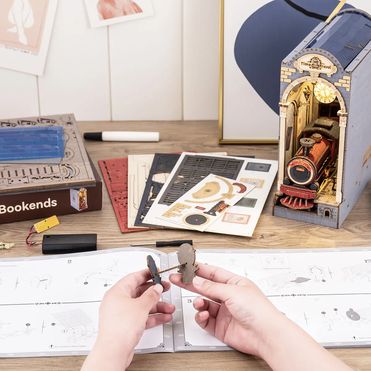 Rolife DIY Book Nook Kit Time Travel TGB04 hands-on assembly scene with parts and instructions