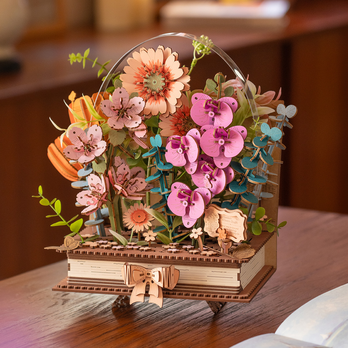 Rowood Wooden Blooming Book TW04H floral display in a warm tabletop scene