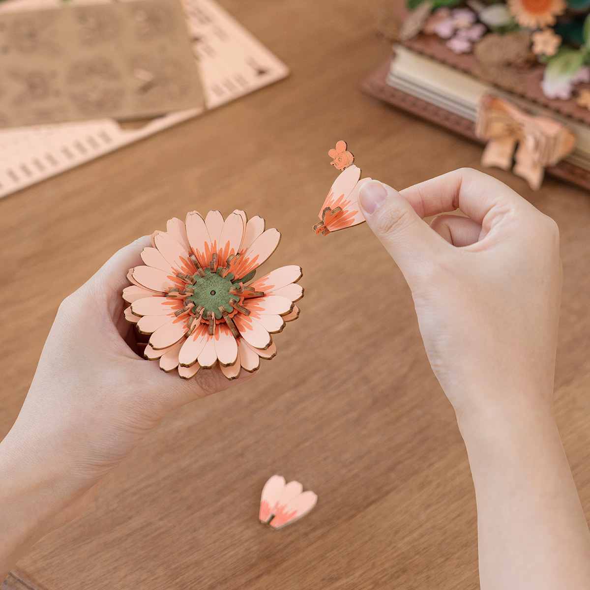 Wooden Blooming Book TW04H close-up of a layered flower assembly detail