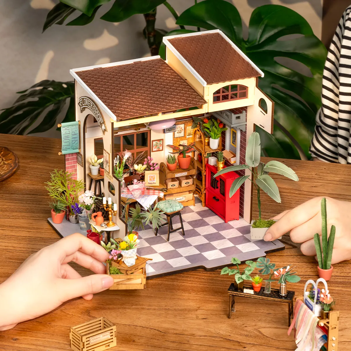 Rolife DIY Miniature Dollhouse - Emily's Flower Shop DG145 display shelf detail close-up