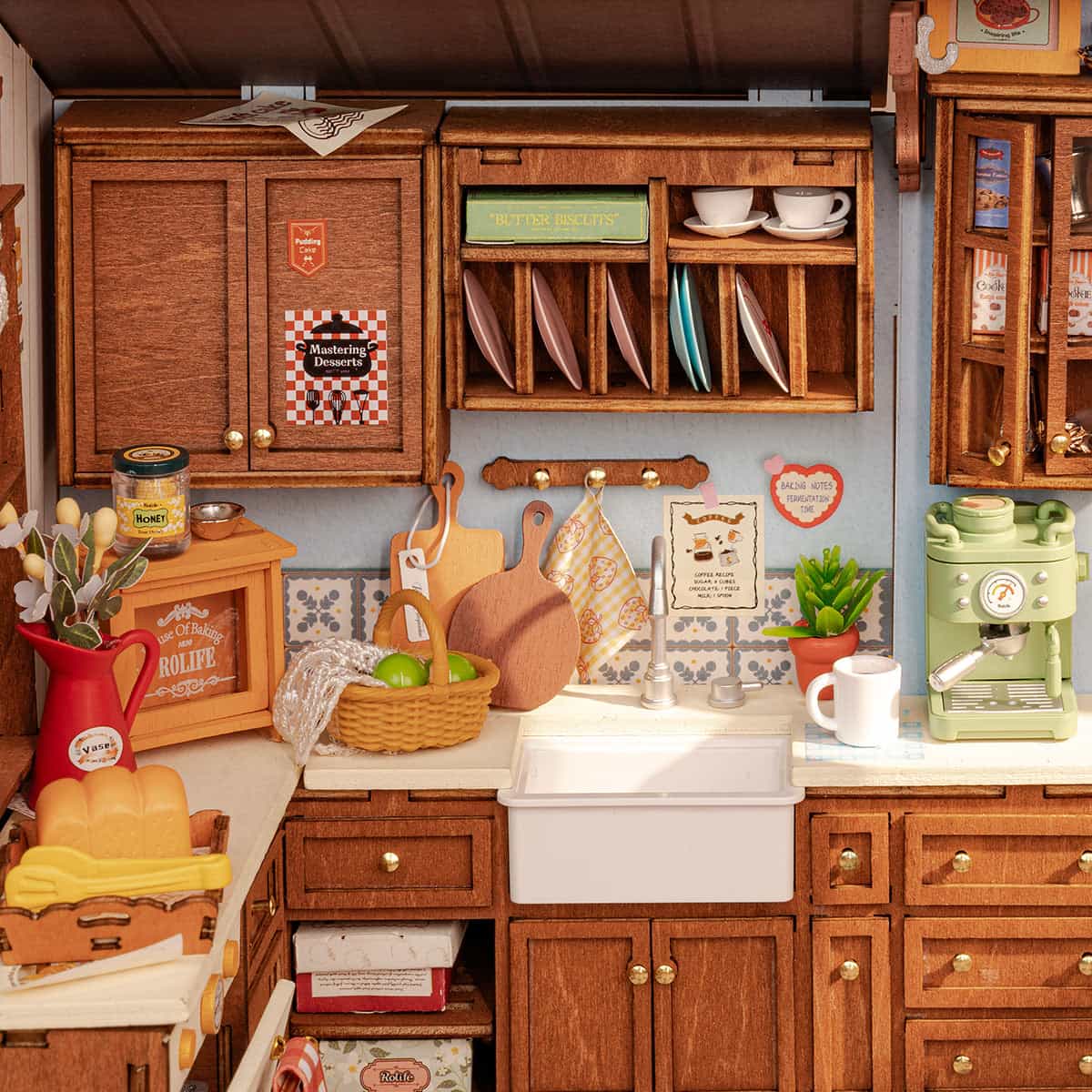 Close-up of Baking Kitchen DG172 counter, dish cabinet, and bread-making details