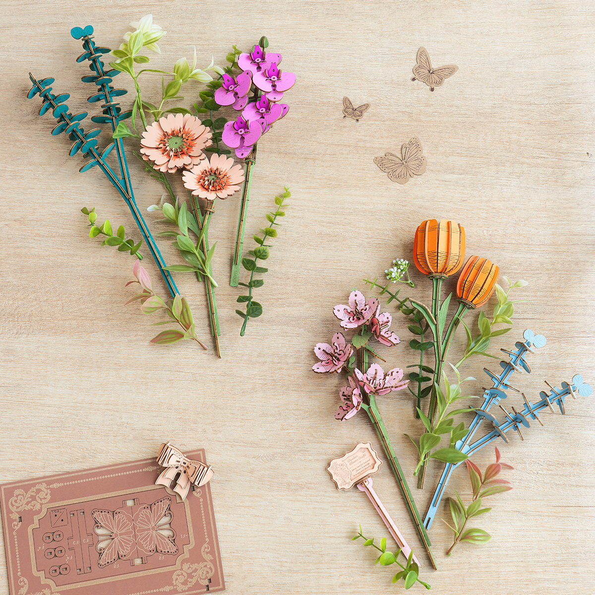 Wooden Blooming Book TW04H flower stems and accessories layout on a tabletop