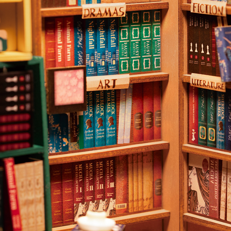 Rolife DIY Book Nook Kit - Bookstore TGB07 bookshelf detail close-up