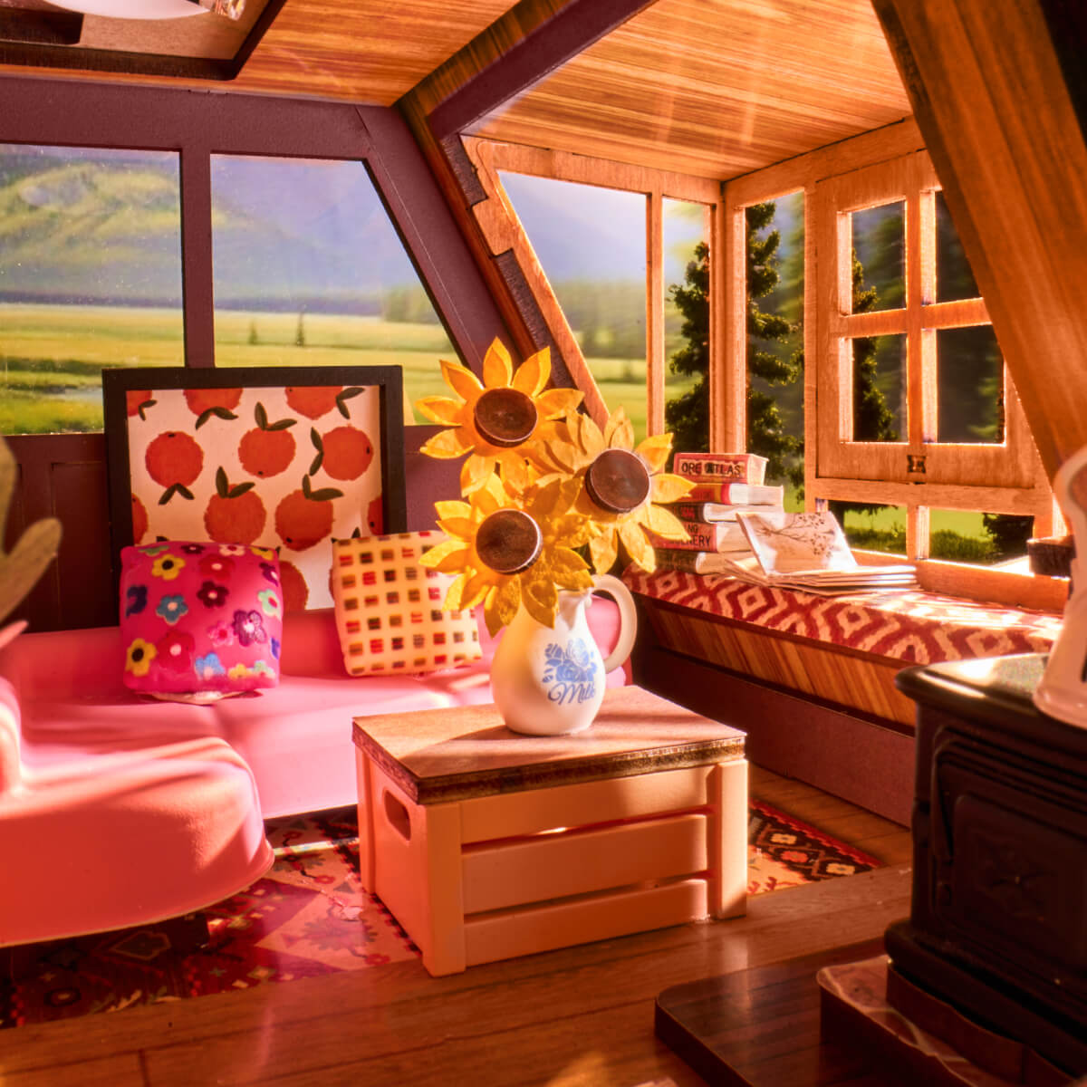 A-Frame Cabin DG181 close-up of the lounge corner with sunflowers and cabin seating