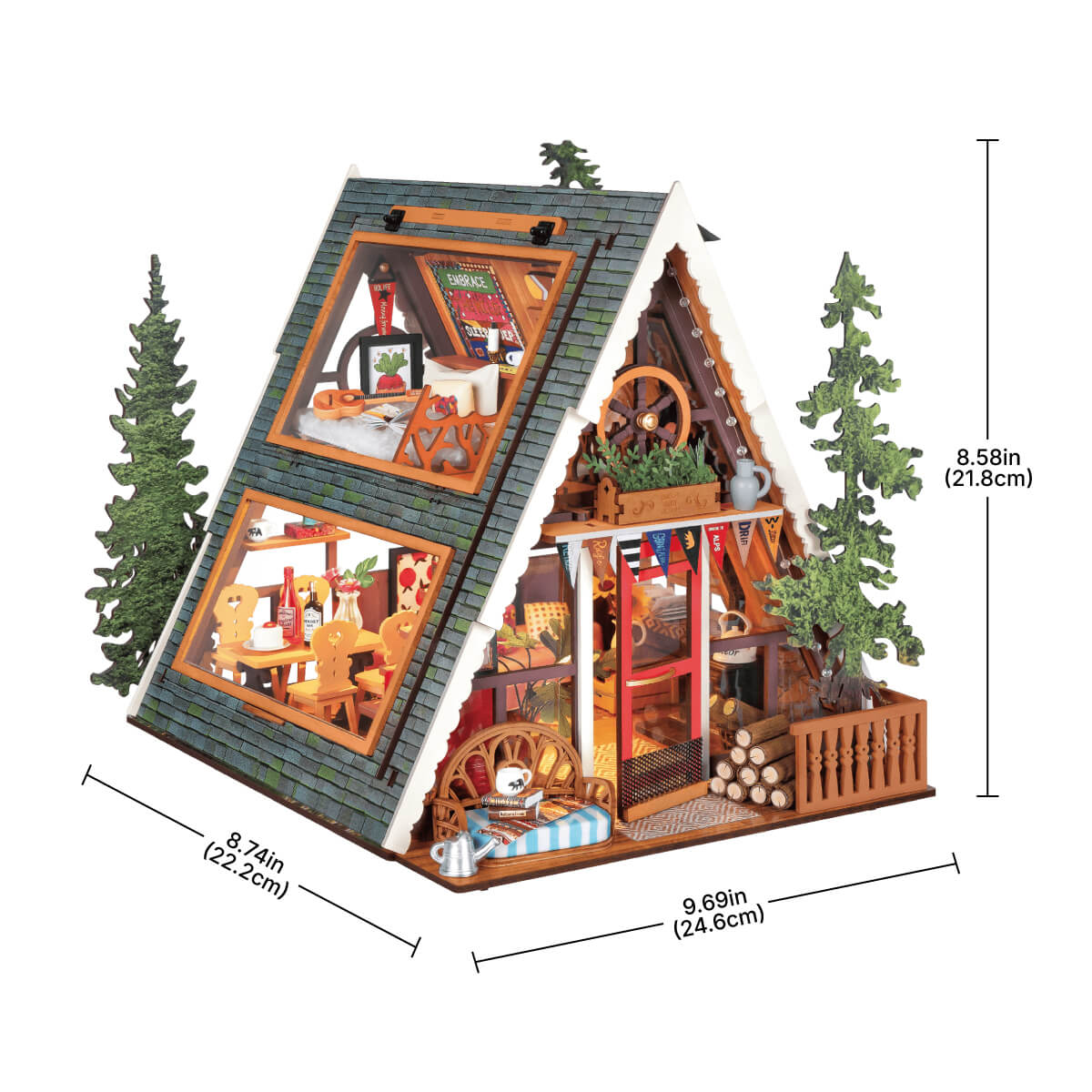 A-Frame Cabin DG181 size graphic with assembled dimensions shown