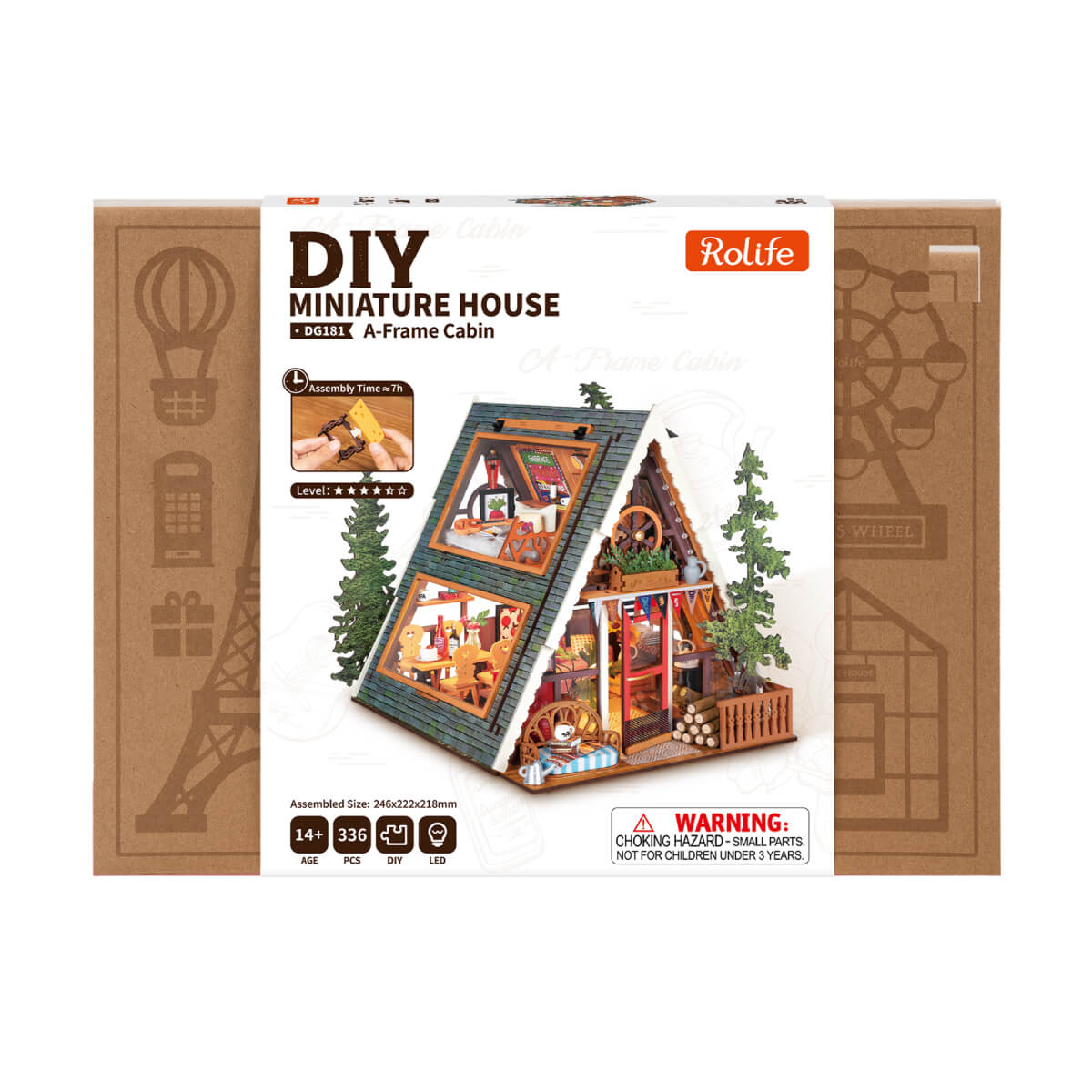 Rolife A-Frame Cabin DG181 product package with completed miniature house