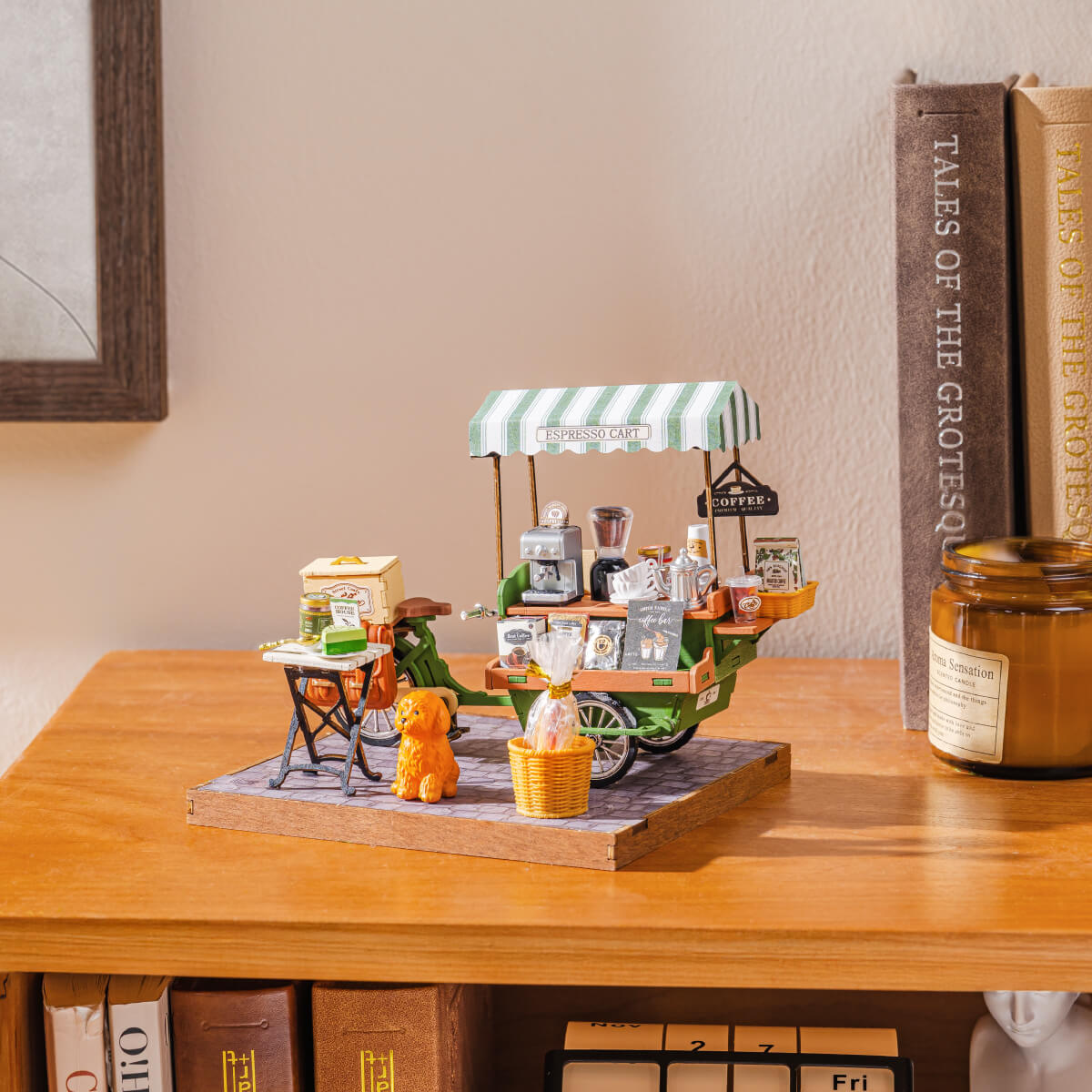 Aromatic Coffee Cart DG182 tabletop display scene on a wooden shelf