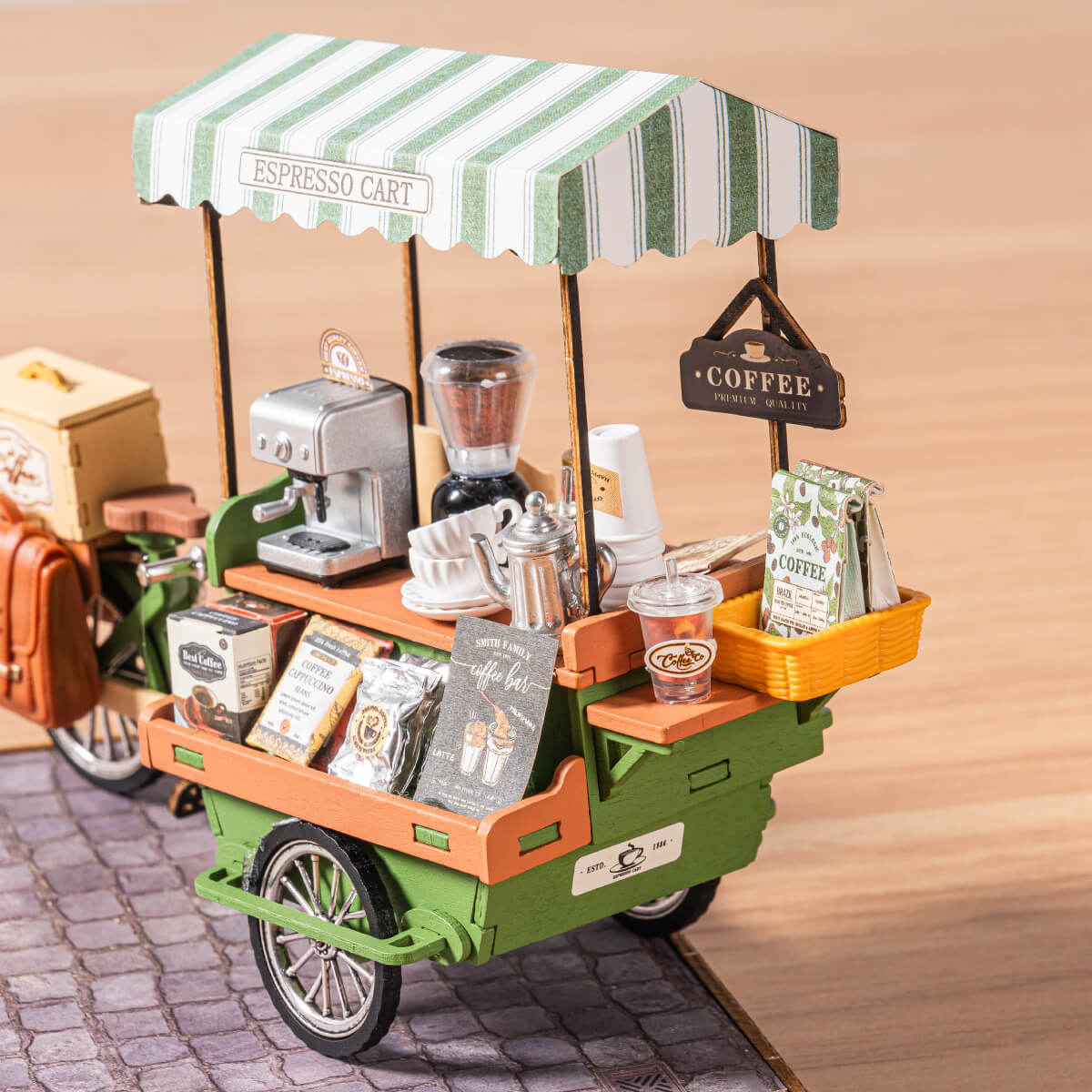 Aromatic Coffee Cart DG182 close-up of the espresso cart, cups, and coffee bag details