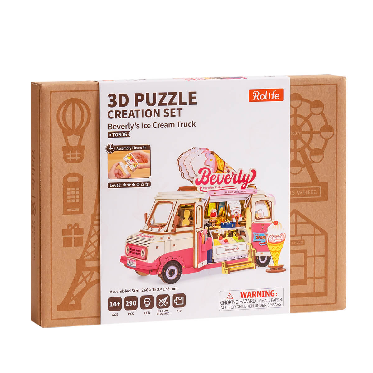 Beverly's Ice Cream Truck TGS06 package beside completed pink truck model