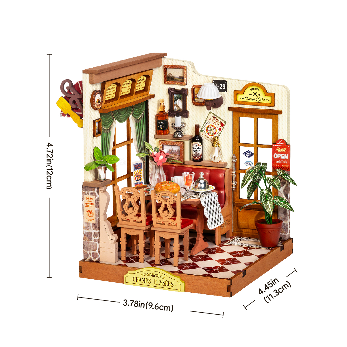 Champs-Elysees Bistro DS053 size graphic, 9.6x11.3x12cm, 3.78x4.45x4.72in finished model