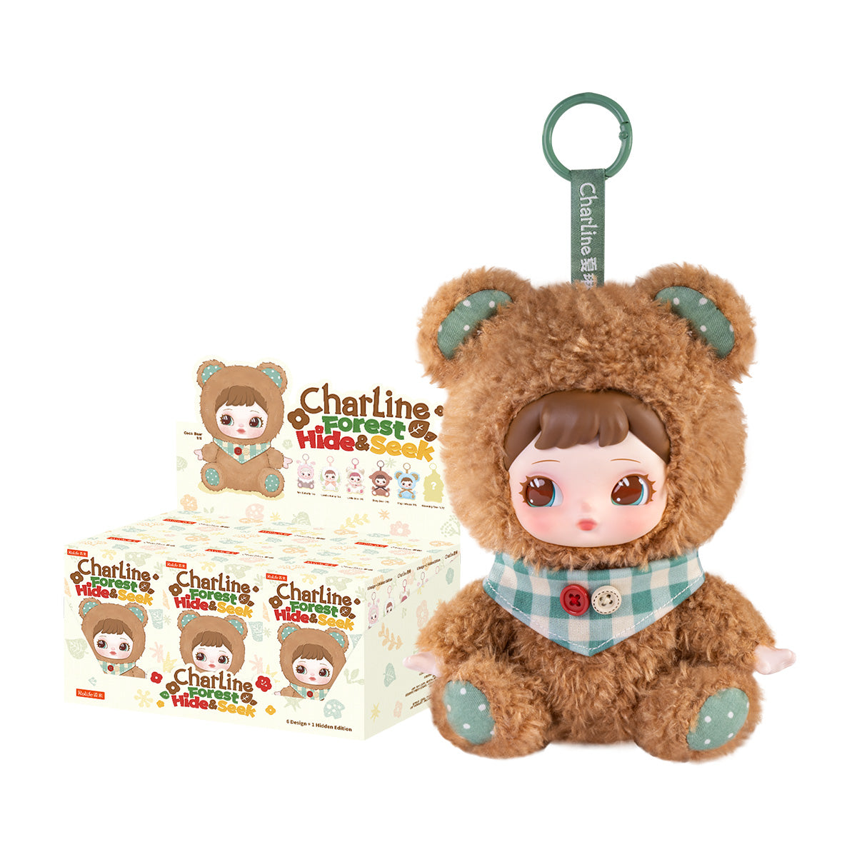 Charline Forest Hide and Seek featured plush pendant with display case on white background