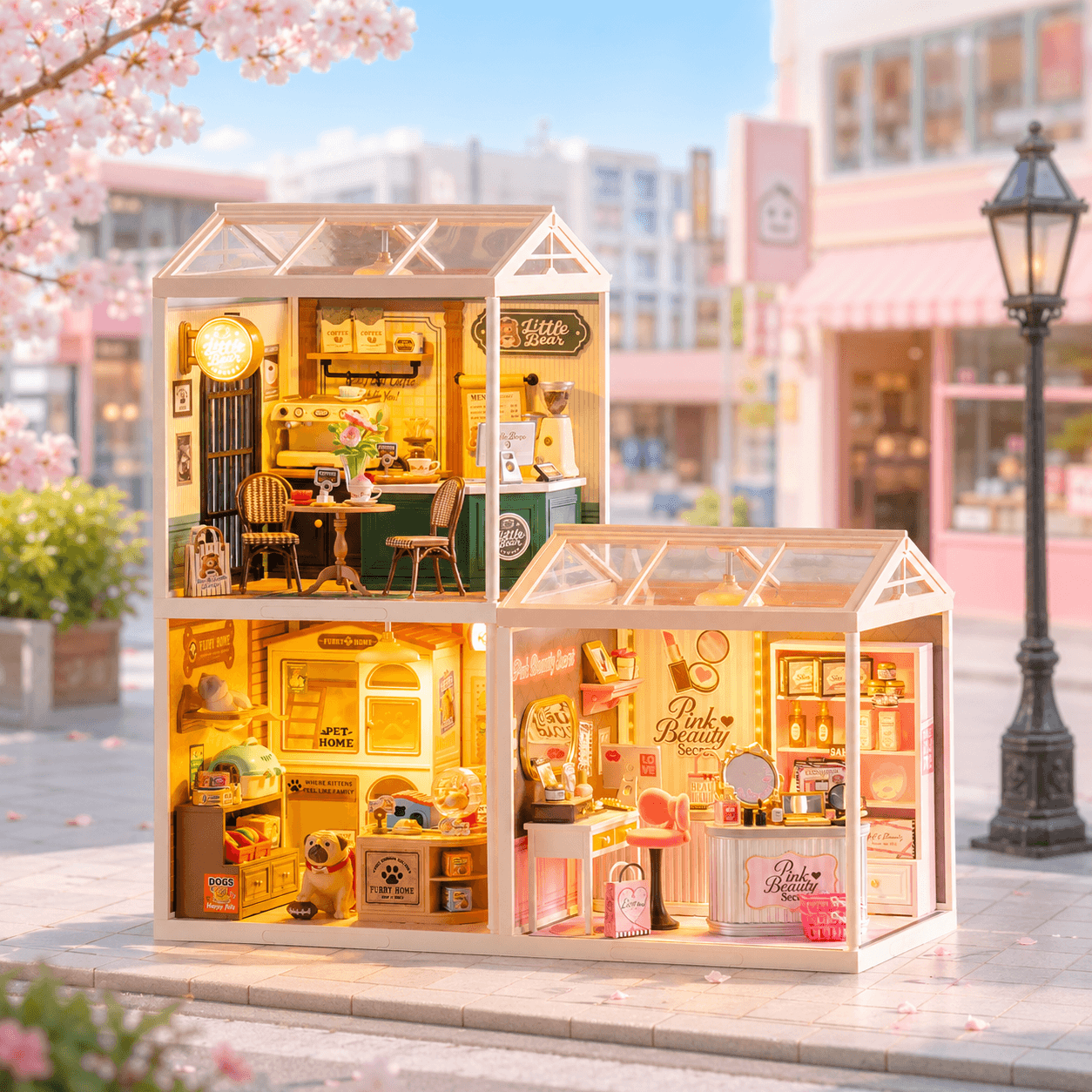 Shopping Diary series display with two glowing miniature shop houses in a cherry blossom street