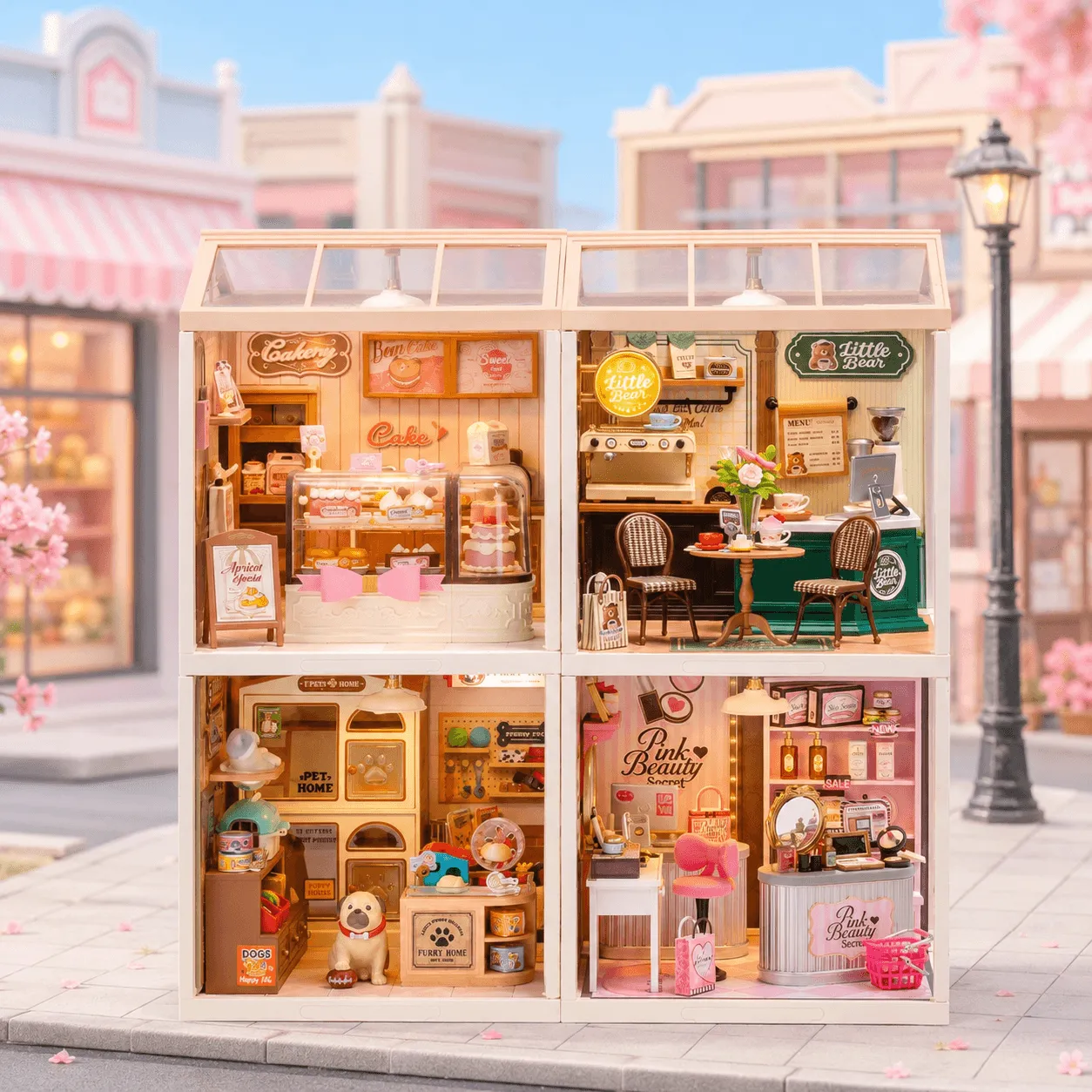 Shopping Diary series four-module stacked display with pastel miniature shops