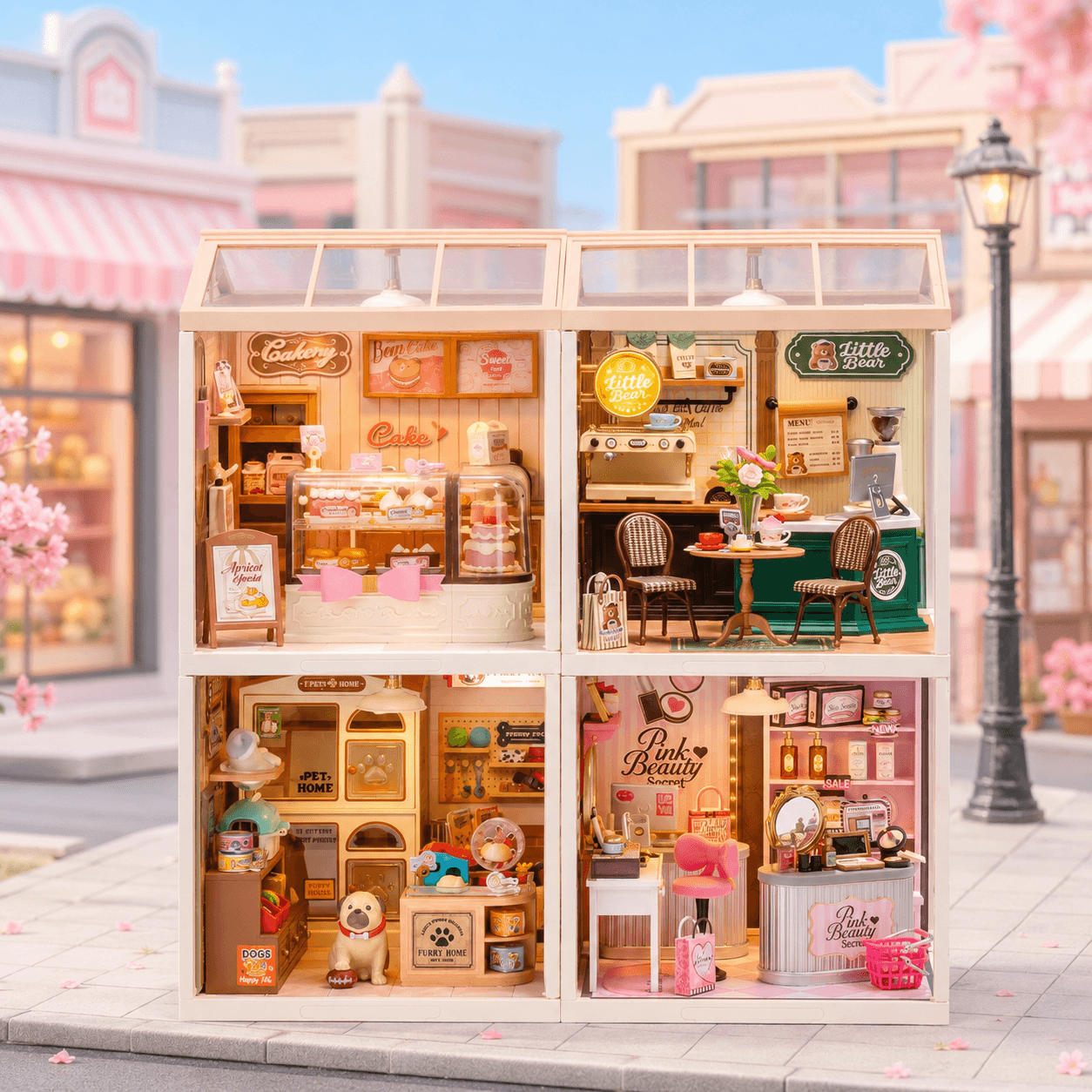 Shopping Diary series four-module stacked display with pastel miniature shops