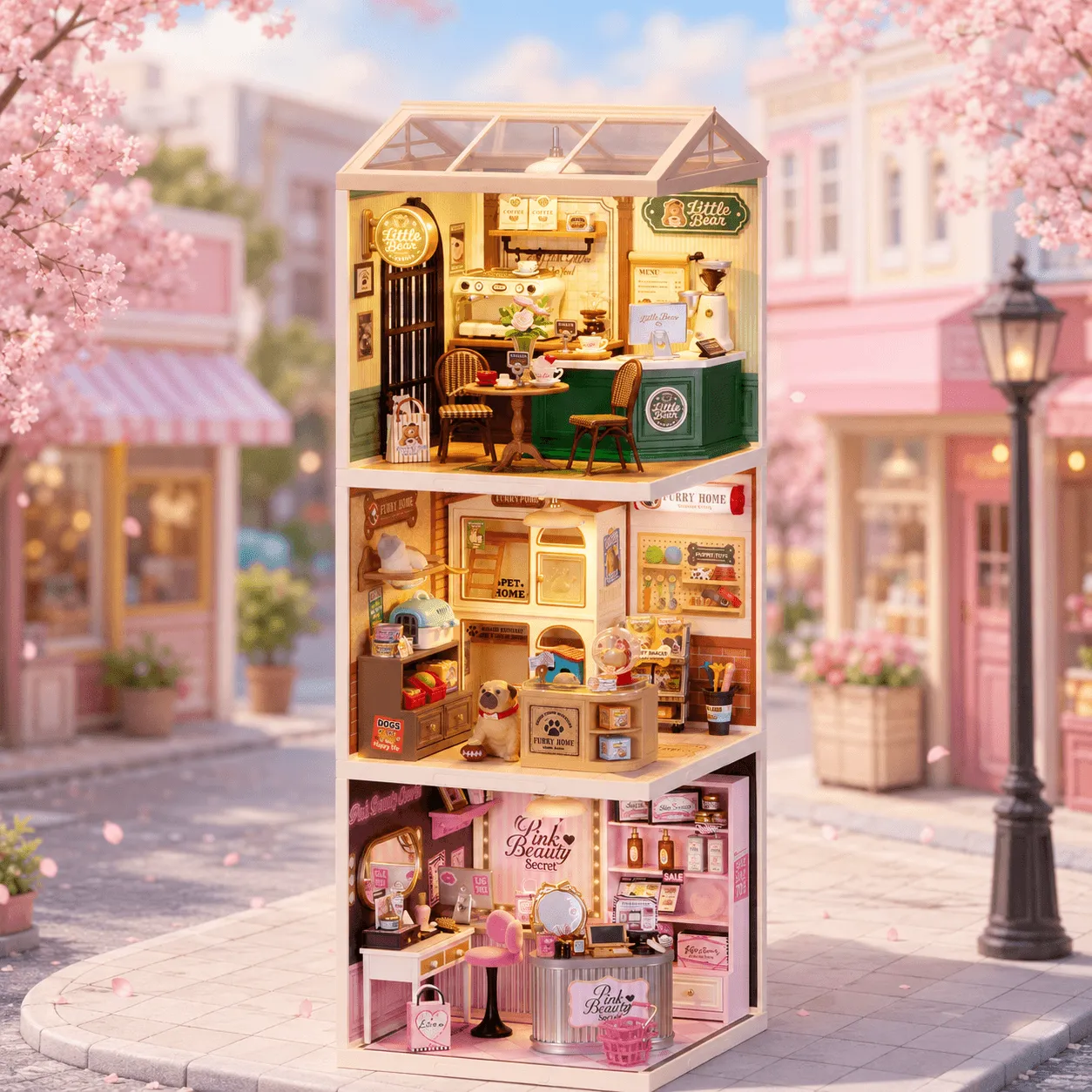 Shopping Diary series stacked display with three miniature shop house modules