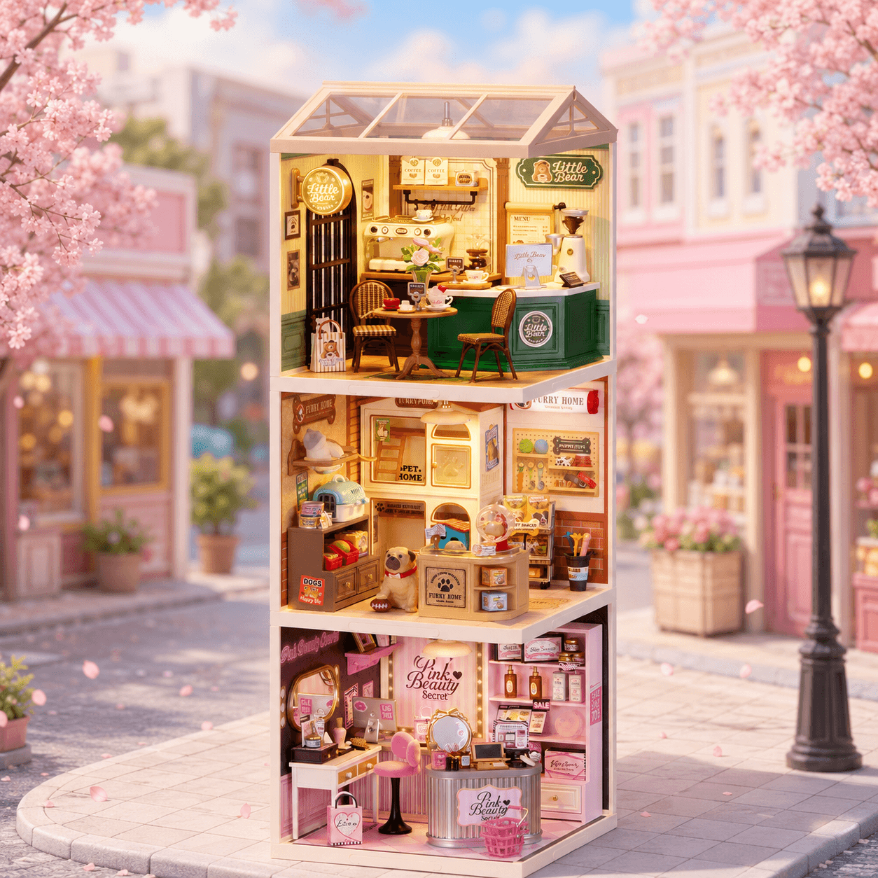 Shopping Diary series stacked display with three miniature shop house modules