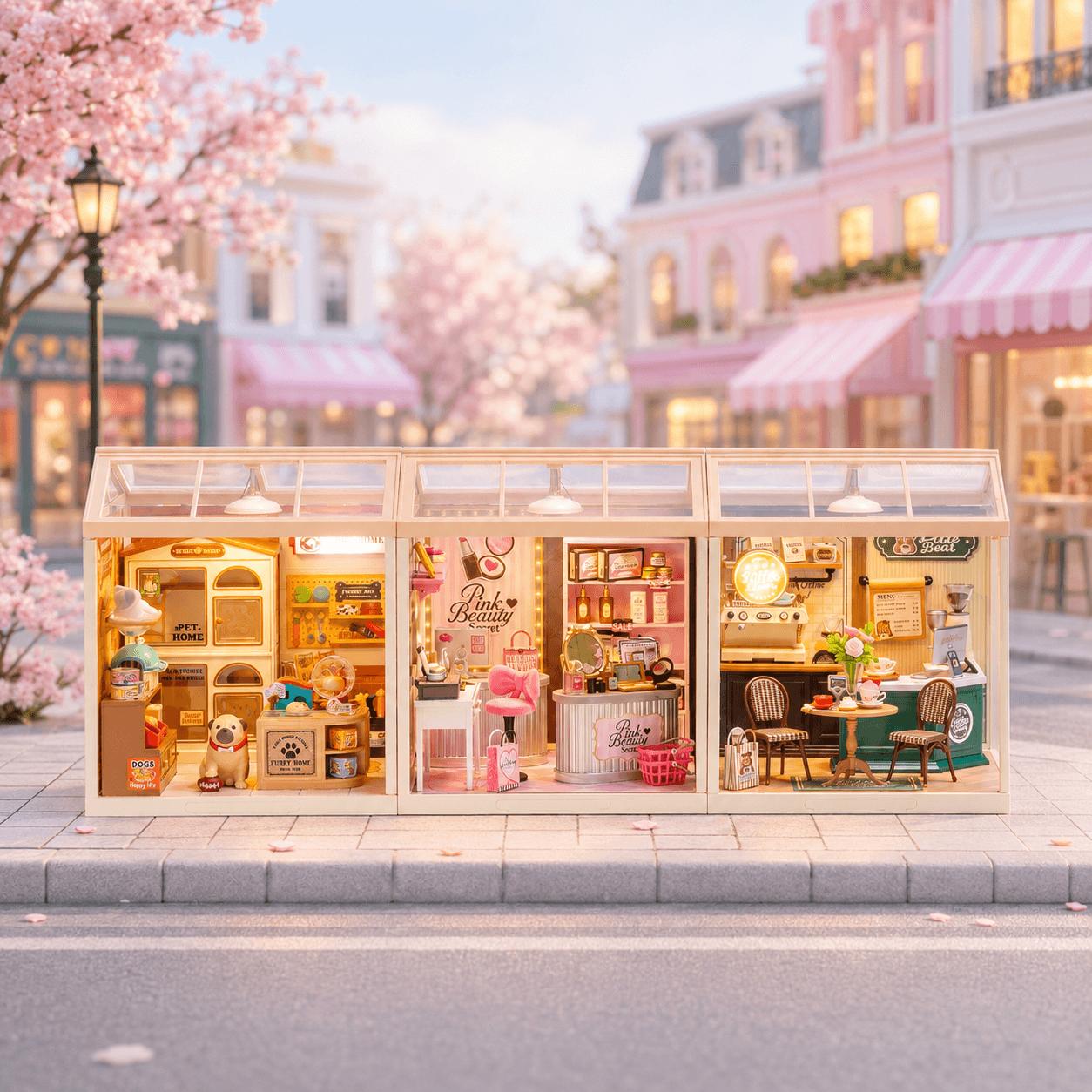 Shopping Diary series long storefront display with multiple miniature house modules
