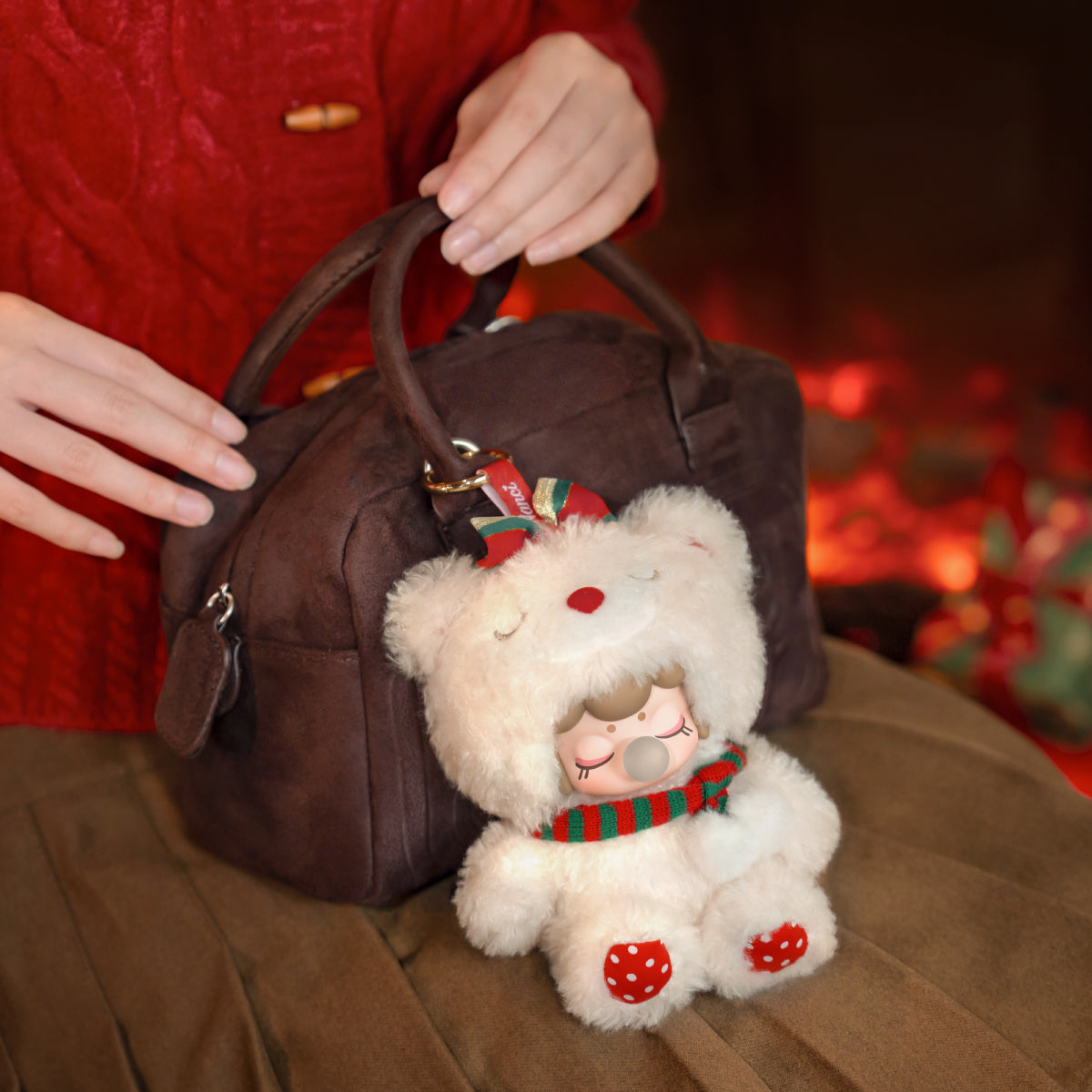 Nanci Christmas Bear plush pendant styled as a handbag charm