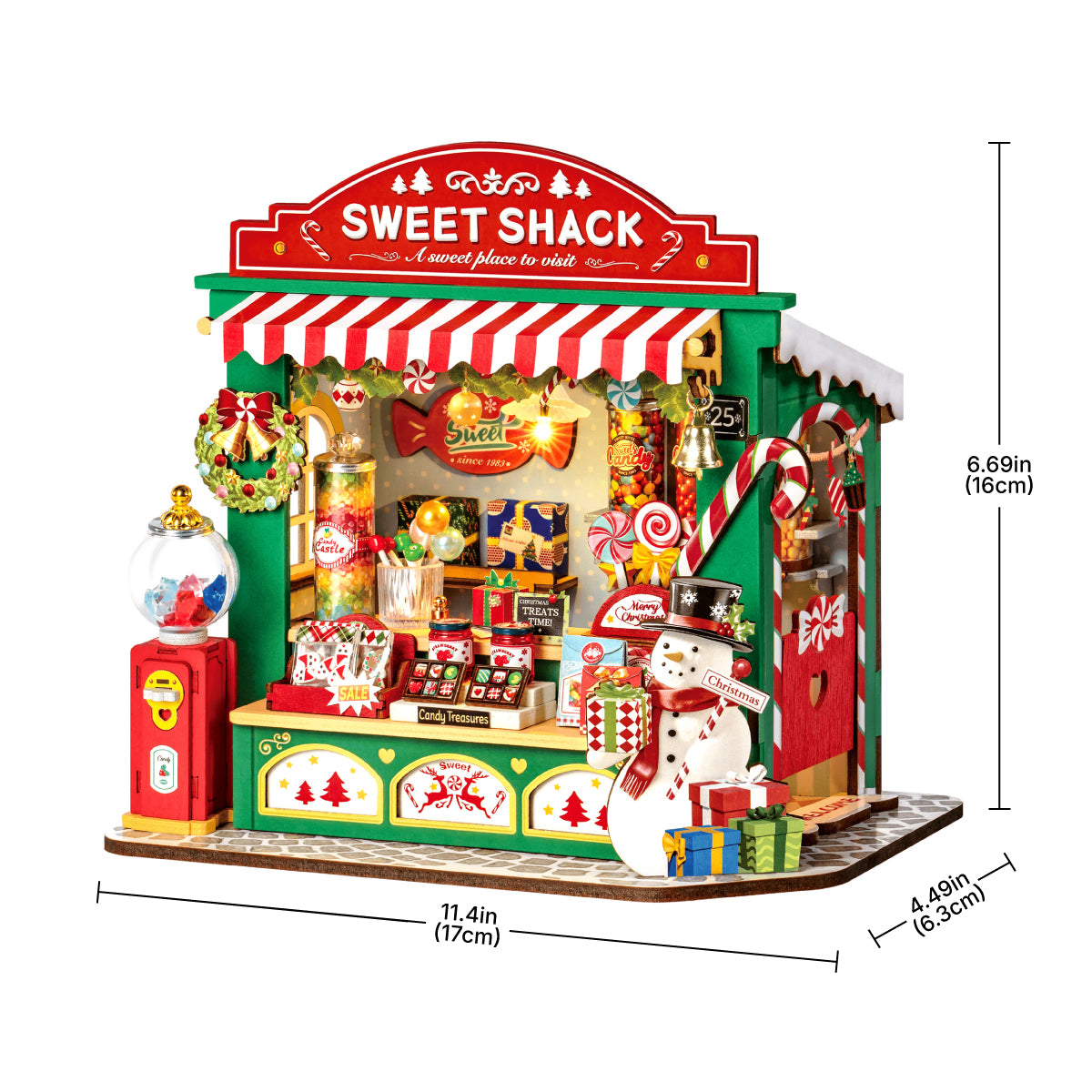 Christmas Candy Stand DS043 size graphic, 17 x 6.3 x 16 cm finished miniature house