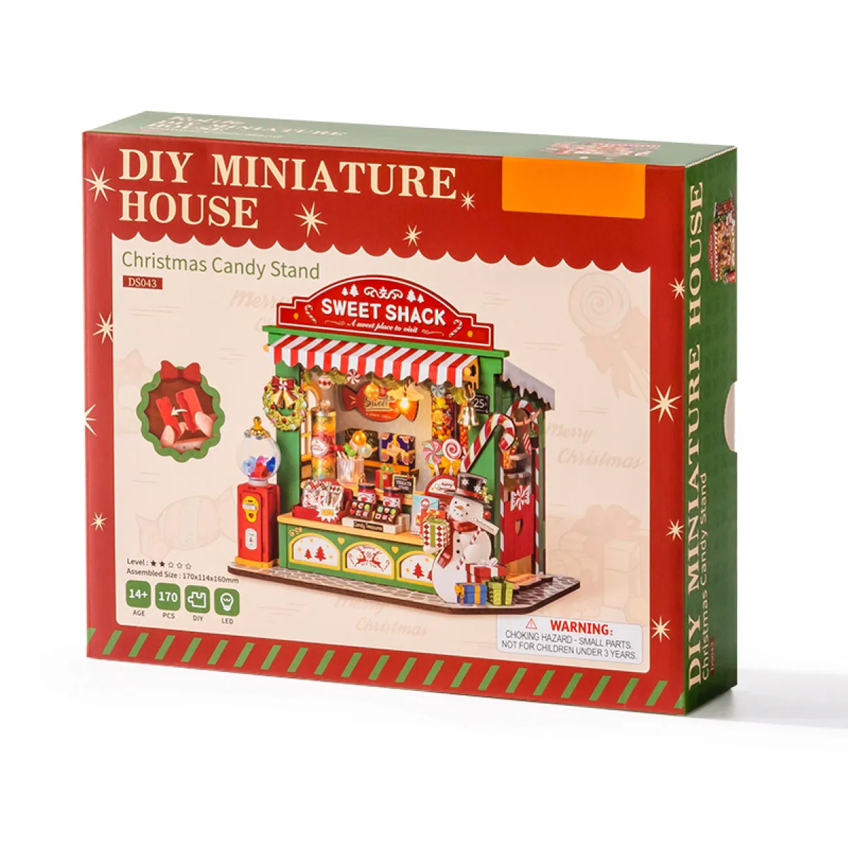 Rolife Christmas Candy Stand DS043 product package with completed miniature sweet shack