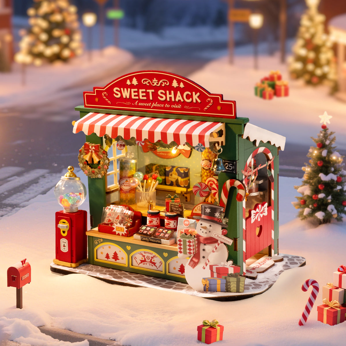 Rolife Christmas Candy Stand DS043 miniature sweet shack in a snowy holiday scene