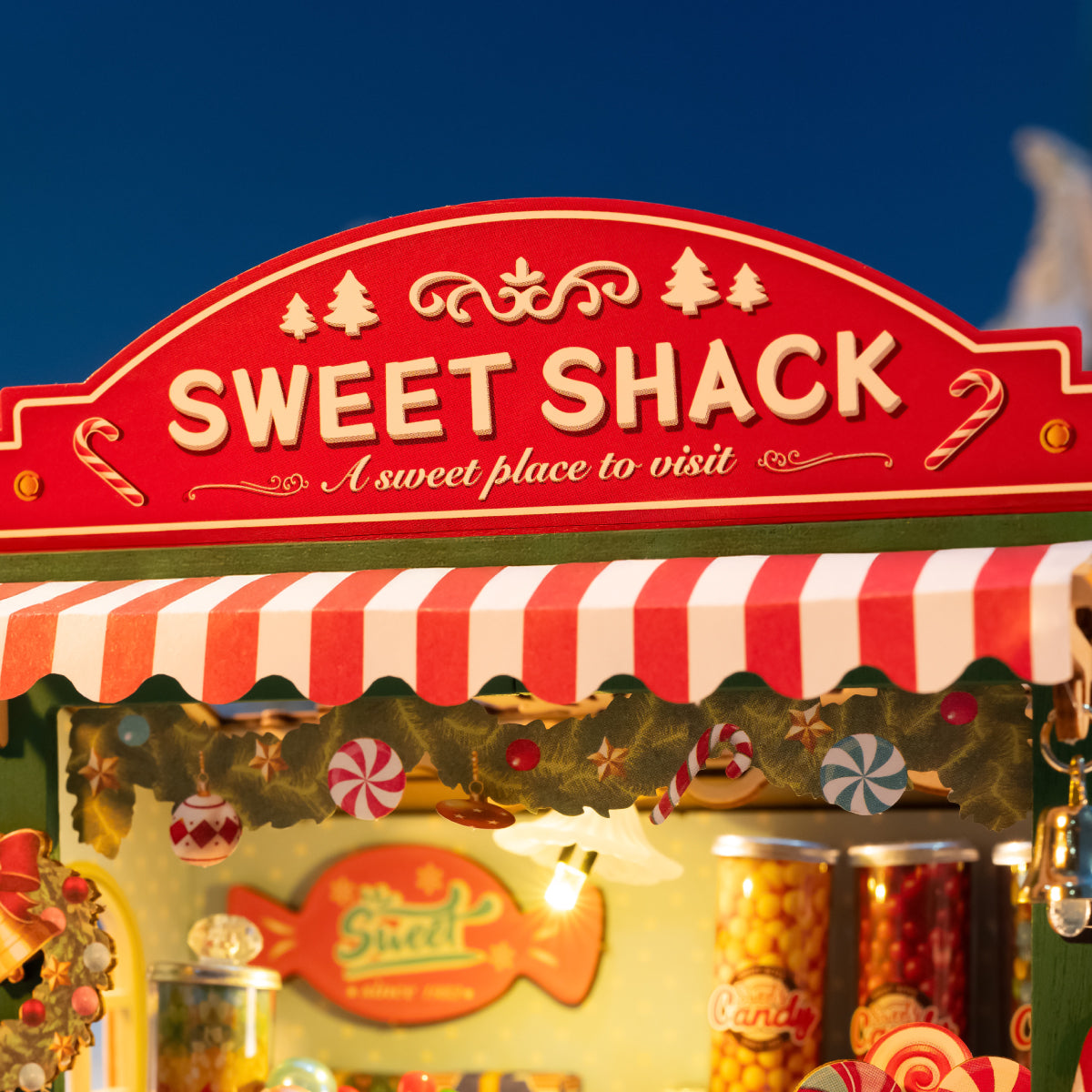 Christmas Candy Stand DS043 close-up of sweet shack sign and candy cane awning details