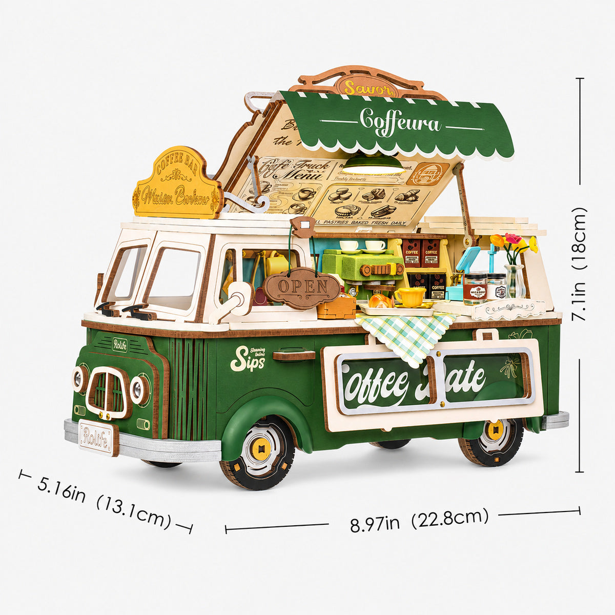 Leo's Coffee Truck TGS07 size graphic, 22.8x13.1x18cm, 8.97x5.16x7.1in finished model