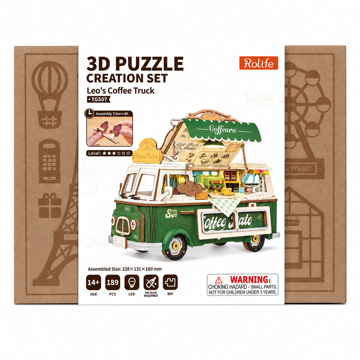 Leo's Coffee Truck TGS07 package box with 189-piece 3D puzzle creation set