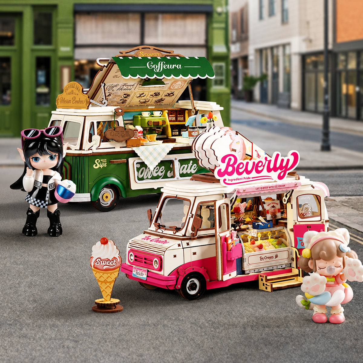 Leo's Coffee Truck TGS07 street scene with Beverly's Ice Cream Truck and miniature figures