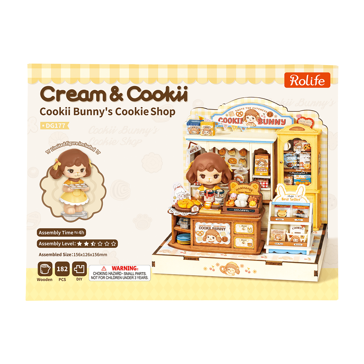 Rolife Cookii Bunny Cookie Shop DG177 product package with completed miniature shop